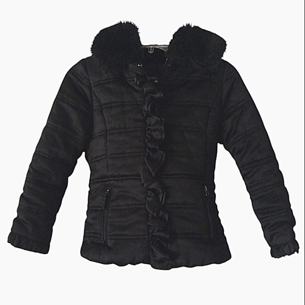 Rothschild girls size S 7-8 black ruffled front zip puffer coat